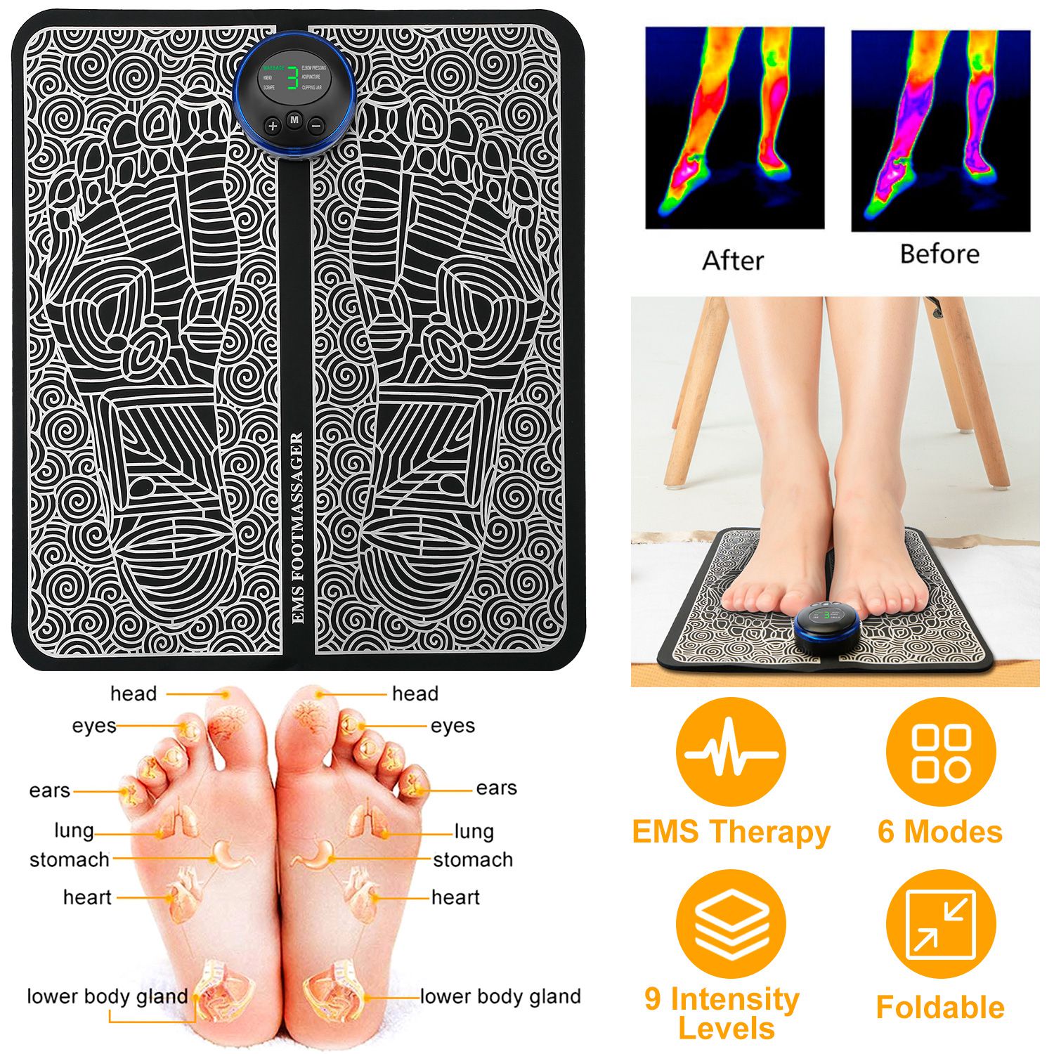 Premium Electric EMS Foot Massager Mat – USB rechargeable, 8 modes 19 intensities hit eyes/lungs/heart via reflex points, melt pain, shape legs. US stock, 3–5 days